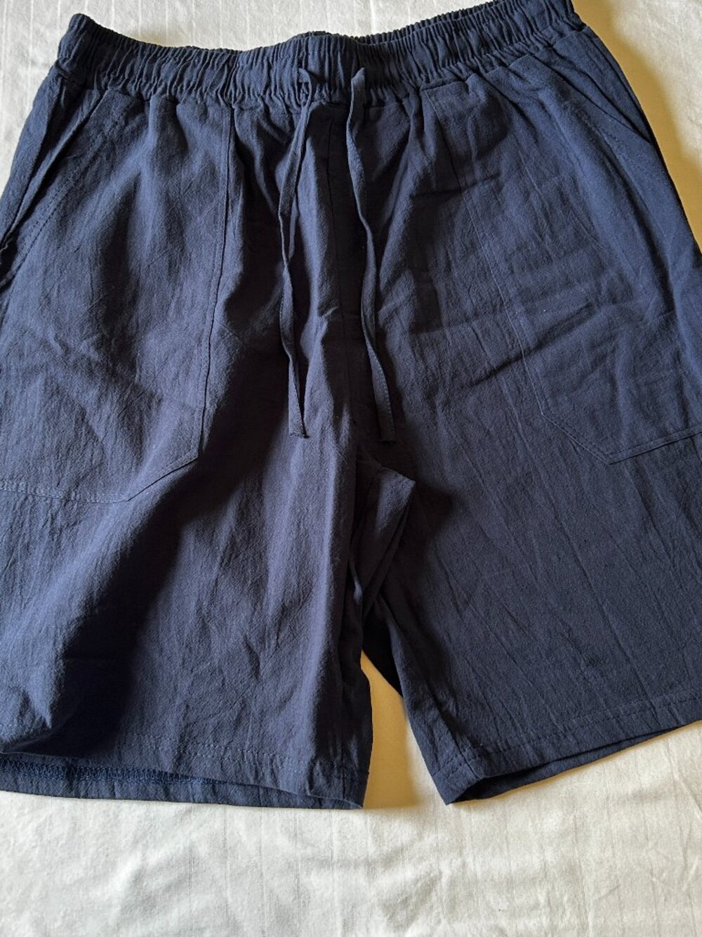 Cotton Blend Elastic Drawstring Waist Shorts Navy Blue Size L